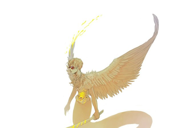Anime picture 1280x960 with homestuck davesprite happyds (artist) single short hair simple background blonde hair white background holding angel wings ghost boy sword wings pendant sunglasses