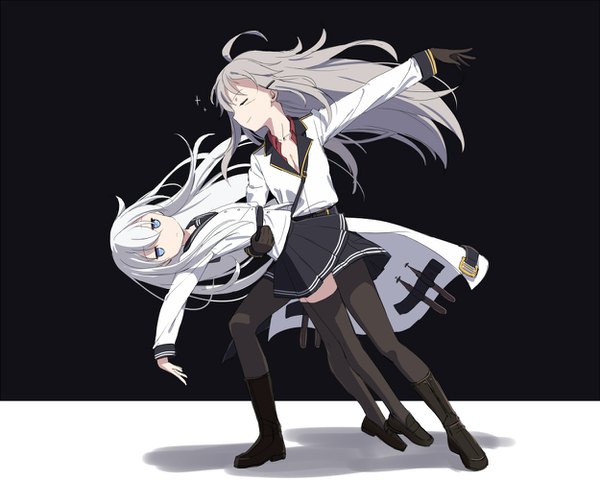 Anime picture 1250x1000 with kantai collection hibiki destroyer verniy destroyer gangut (kantai collection) cnm long hair looking at viewer breasts blue eyes simple background smile white background multiple girls cleavage silver hair full body eyes closed profile pleated skirt light smile