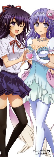 Anime picture 1400x4032 with date a live yatogami tooka izayoi miku long hair tall image blush open mouth blue eyes purple eyes multiple girls purple hair ponytail one eye closed hair flower wink scan official art heart hands girl thighhighs