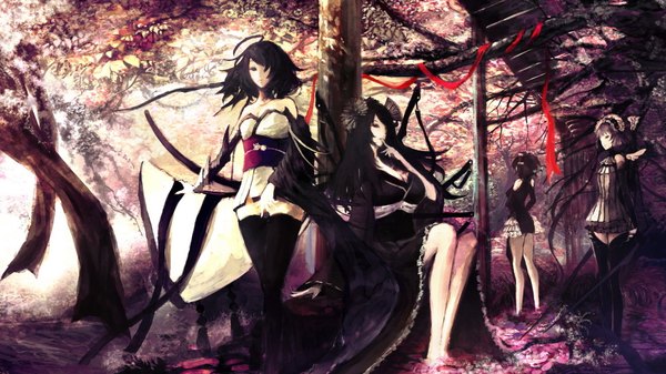 Anime picture 1920x1080 with iori (yakata-bako) long hair highres short hair black hair wide image sitting bare shoulders multiple girls japanese clothes grey hair black eyes back group hands on hips girl thighhighs ribbon (ribbons) weapon black thighhighs