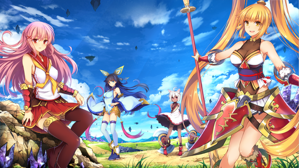 Anime picture 1326x745 with original jianren long hair looking at viewer short hair open mouth blue eyes black hair blonde hair red eyes wide image sitting twintails multiple girls yellow eyes pink hair sky cloud (clouds) white hair very long hair