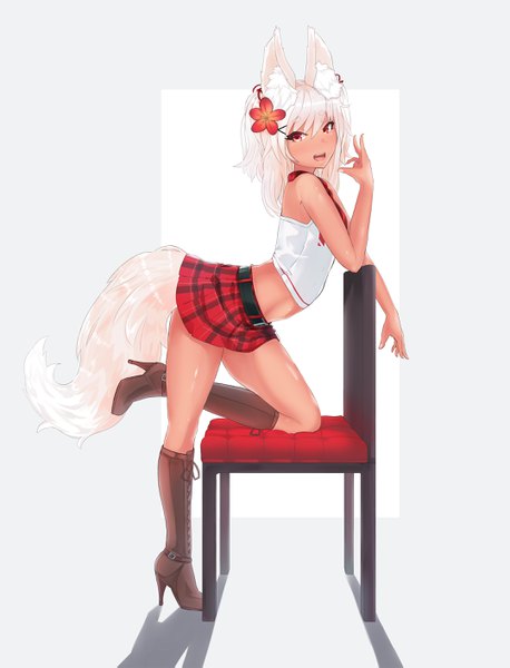 Anime picture 2156x2822 with original ehrrr single long hair tall image looking at viewer blush fringe highres open mouth simple background hair between eyes red eyes animal ears full body bent knee (knees) white hair tail animal tail pleated skirt