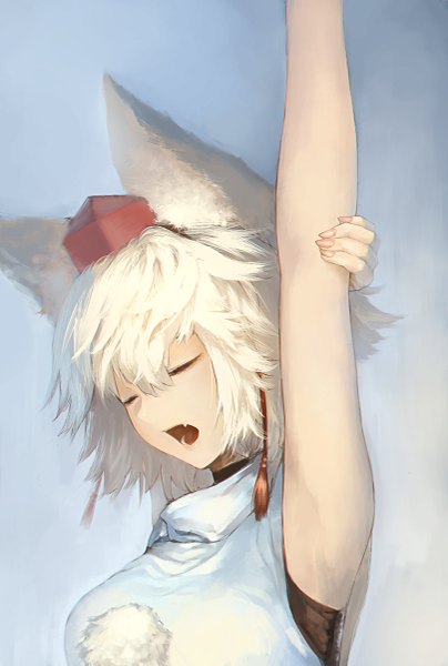 Anime picture 809x1200 with touhou inubashiri momiji terada yuki single tall image fringe short hair open mouth simple background hair between eyes animal ears white hair eyes closed teeth fang (fangs) wolf ears wolf girl yawn girl pom pom (clothes)