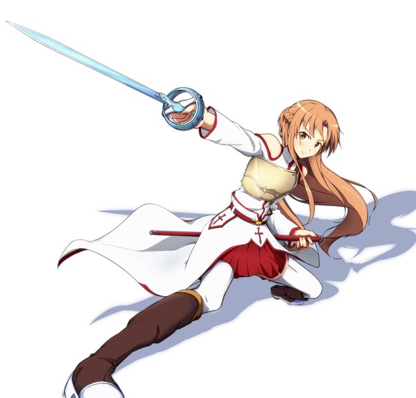 Anime picture 2048x1959 with sword art online a-1 pictures yuuki asuna amage kanade (artist) single long hair blush highres simple background brown hair white background brown eyes shadow girl skirt weapon miniskirt sword boots armor
