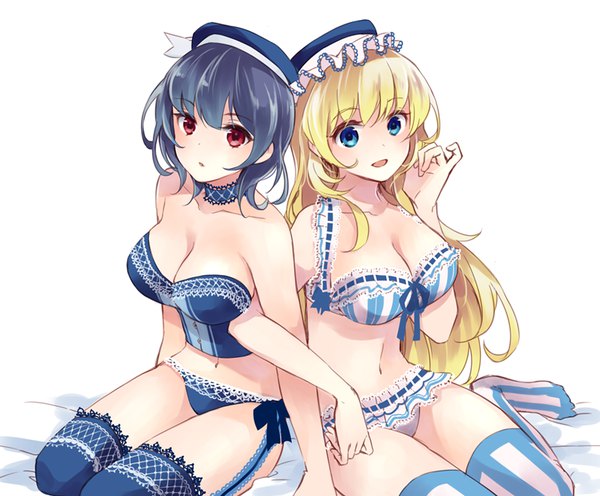 Anime picture 846x700 with kantai collection atago heavy cruiser takao heavy cruiser ichinomiya (blantte) long hair looking at viewer blush fringe short hair breasts open mouth blue eyes light erotic black hair blonde hair smile red eyes large breasts white background sitting