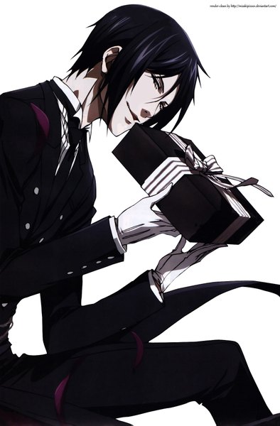 Anime picture 1256x1911 with kuroshitsuji a-1 pictures sebastian michaelis single tall image looking at viewer short hair black hair simple background red eyes white background butler boy gloves necktie suit gift
