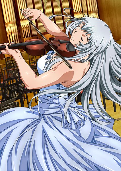 Anime picture 640x904 with ikkitousen chouun shiryuu single long hair tall image silver hair eyes closed light smile back girl dress musical instrument violin bow (instrument)