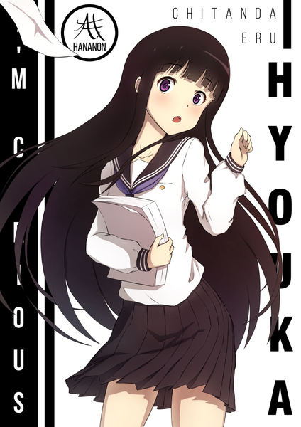 Anime picture 744x1052 with hyouka kyoto animation chitanda eru hananon single long hair tall image looking at viewer blush fringe open mouth black hair purple eyes copyright name character names girl uniform school uniform