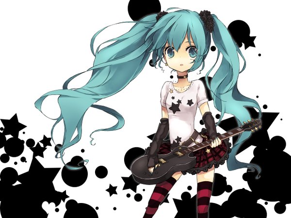 Anime picture 1280x960 with vocaloid hatsune miku green eyes green hair girl thighhighs striped thighhighs guitar