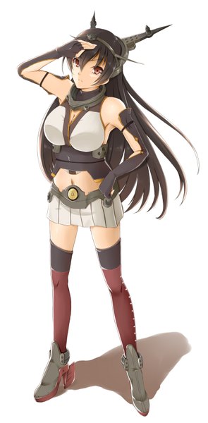 Anime picture 1600x3250 with kantai collection nagato battleship centon (736023681) single long hair tall image looking at viewer black hair simple background red eyes white background bare shoulders shadow midriff girl thighhighs skirt hair ornament miniskirt