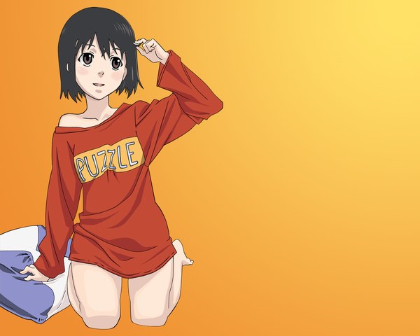 Anime picture 1280x1024 with nhk ni youkoso gonzo nakahara misaki single blush short hair black hair simple background smile bare shoulders brown eyes full body long sleeves parted lips barefoot arm up arm support bare legs grey eyes kneeling