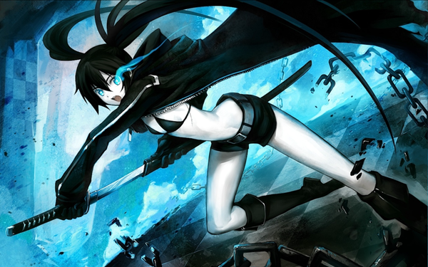Anime picture 1680x1050 with black rock shooter black rock shooter (character) single long hair blue eyes black hair wide image twintails glowing glowing eye (eyes) girl sword shorts boots belt chain cloak bikini top