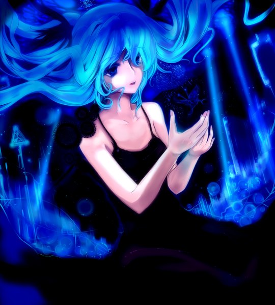 Anime picture 2250x2500 with vocaloid shinkai shoujo (vocaloid) hatsune miku nanaonal (artist) single long hair tall image fringe highres blue eyes twintails blue hair hair over one eye underwater girl dress water black dress bubble (bubbles)