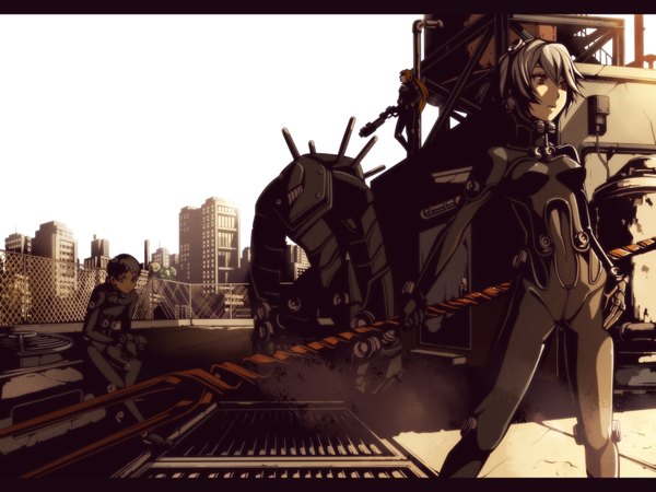 Anime picture 1600x1200 with neon genesis evangelion gantz gainax gonzo soryu asuka langley ayanami rei ikari shinji torigoe takumi gun spear pilot suit mecha