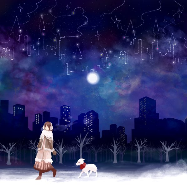 Anime picture 1700x1700 with original xxxxaki short hair brown hair black eyes night night sky city cityscape exhalation walking bare tree girl animal headphones scarf moon cape full moon mittens