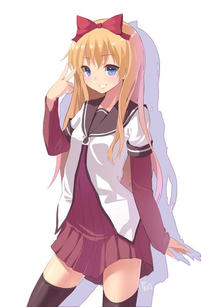 Anime picture 1200x1832 with yuru yuri doga kobo toshinou kyouko fkey single long hair tall image blue eyes simple background blonde hair smile white background girl uniform bow hair bow school uniform