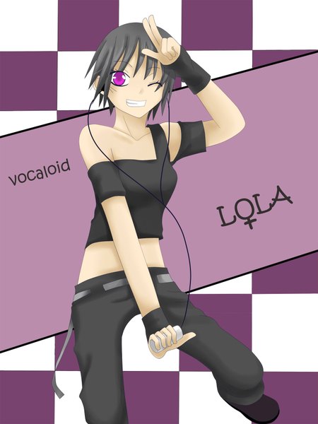 Anime picture 1500x2000 with vocaloid lola (vocaloid) single tall image highres short hair black hair smile bare shoulders one eye closed pink eyes wink girl headphones digital media player