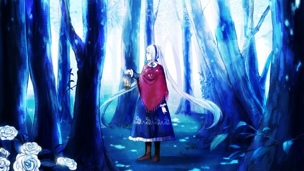 Anime picture 1000x563 with vocaloid hatsune miku amemura single wide image twintails purple hair very long hair profile girl flower (flowers) plant (plants) tree (trees) rose (roses) cape forest lantern blue rose safety pin
