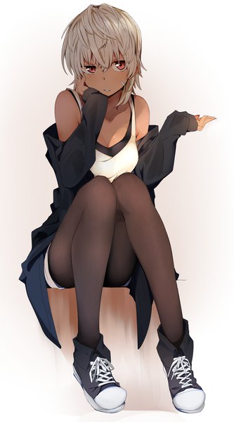 Anime picture 1967x3541 with original kazenoko single tall image blush fringe highres short hair breasts simple background hair between eyes sitting bare shoulders brown eyes cleavage bent knee (knees) long sleeves parted lips off shoulder gradient background