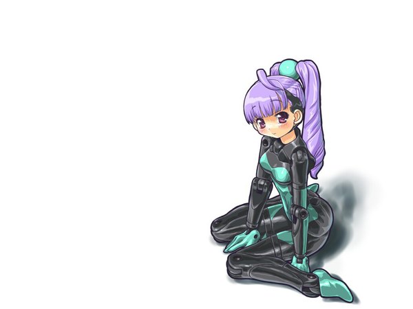 Anime picture 1024x768 with busou shinki single long hair blush simple background white background purple eyes purple hair tail girl bodysuit