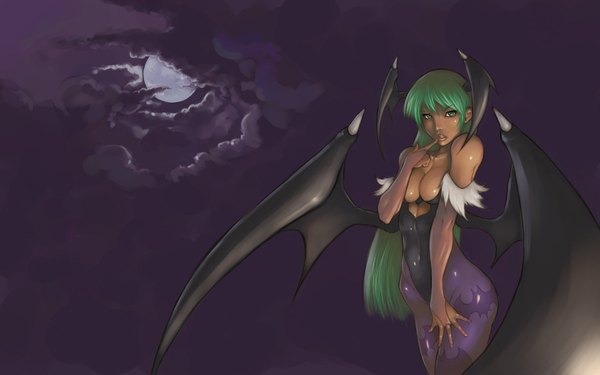 Anime picture 1600x1000 with vampire / darkstalkers (game) morrigan aensland breasts light erotic wide image bare shoulders cleavage demon girl head wings succubus girl gloves pantyhose elbow gloves moon