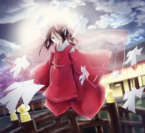 Anime picture 3508x3210 with shaman king xebec asakura hao cobalt-patch single long hair highres brown hair brown eyes absurdres sky cloud (clouds) traditional clothes japanese clothes sunlight cherry blossoms boy plant (plants) tree (trees) kimono