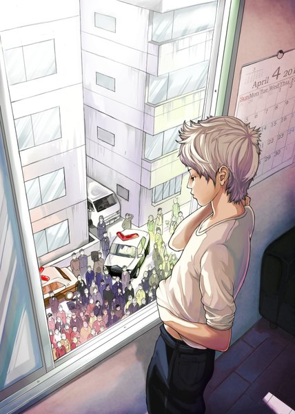 Anime picture 2551x3579 with original ukai saki tall image highres short hair white hair looking down boy window building (buildings) ground vehicle car calendar crowd