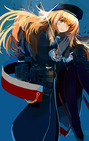 Anime picture 750x1180 with kantai collection atago heavy cruiser cus-tom single long hair tall image looking at viewer simple background blonde hair green eyes blue background hands clasped sketch girl gloves pantyhose beret coat
