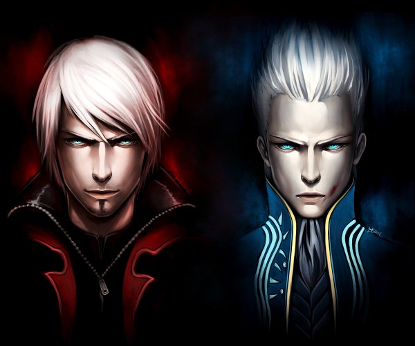 Anime picture 1200x1000 with devil may cry dante (devil may cry) vergil ninjatic short hair blue eyes white hair boy choker