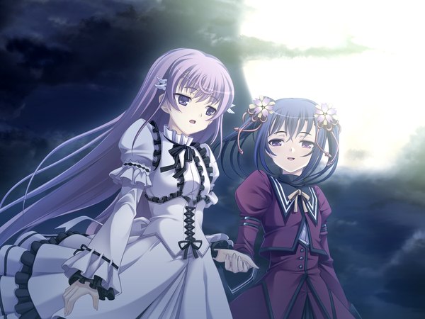 Anime picture 1600x1200 with tenshi no hane wo fumanaide long hair black hair purple eyes multiple girls game cg purple hair girl dress 2 girls serafuku moon full moon