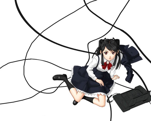 Anime picture 1280x1024 with tagme (character) tagme (artist) single long hair looking at viewer black hair white background twintails full body from above girl uniform school uniform