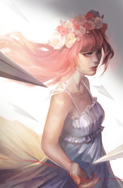 Anime picture 700x1073 with vocaloid just be friends (vocaloid) megurine luka noa ikeda single long hair tall image fringe blue eyes standing bare shoulders looking away pink hair wind tears outstretched arm girl dress flower (flowers) white dress