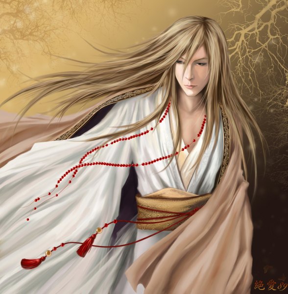 Anime picture 2544x2596 with original zetsuai89 single long hair tall image highres blonde hair brown eyes japanese clothes lips realistic boy belt beads