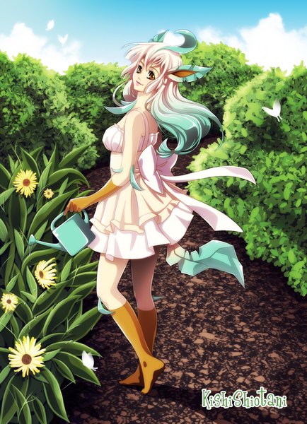Anime picture 1600x2211 with pokemon moemon nintendo leafeon kristin soltau single long hair tall image smile brown eyes animal ears multicolored hair barefoot personification gen 4 pokemon girl gloves flower (flowers) bow plant (plants)