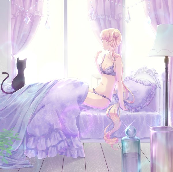 Anime picture 1600x1594 with bishoujo senshi sailor moon toei animation tsukino usagi luna (sailor moon) long hair light erotic blonde hair sitting bare shoulders looking away very long hair profile from behind sunlight bare belly hair bun (hair buns) underwear only girl navel underwear