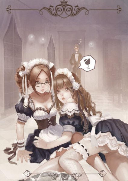 Anime picture 1060x1500 with original bobo1983 long hair tall image open mouth brown hair multiple girls brown eyes maid girl thighhighs 2 girls white thighhighs glasses headdress maid headdress