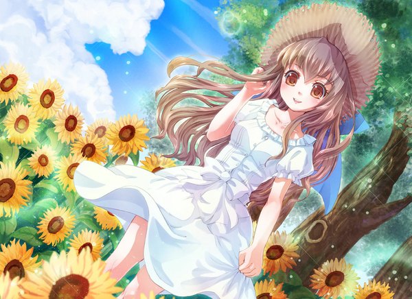 Anime picture 1000x728 with original moyashi n0 mori single long hair looking at viewer open mouth brown hair brown eyes sky cloud (clouds) girl dress plant (plants) hat tree (trees) sunflower