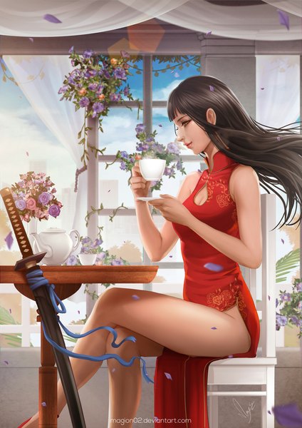 Anime picture 800x1132 with original magion02 single long hair tall image black hair sitting brown eyes profile realistic crossed legs chinese clothes girl flower (flowers) weapon petals sword window katana cup