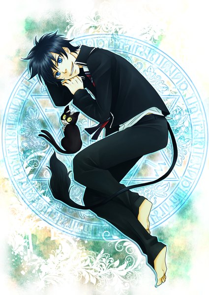 Anime picture 1254x1771 with ao no exorcist a-1 pictures okumura rin kuro (ao no exorcist) tall image short hair blue eyes black hair smile full body tail lying magic demon tail boy animal cat magic circle