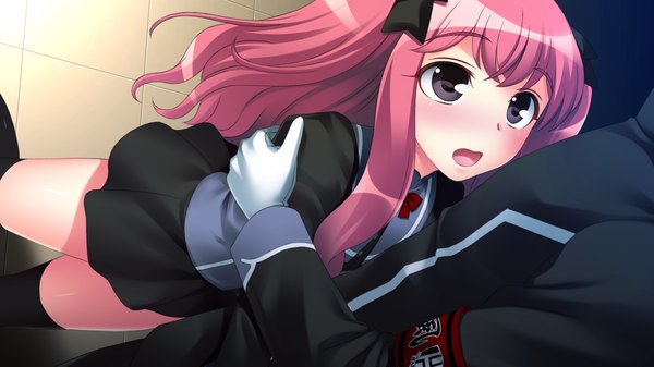 Anime picture 1280x720 with mangusta long hair blush open mouth wide image pink hair game cg pink eyes loli girl thighhighs uniform black thighhighs school uniform