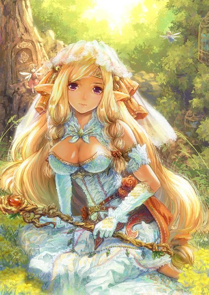 Anime picture 778x1100 with original miyai haruki long hair tall image looking at viewer fringe breasts light erotic blonde hair large breasts sitting purple eyes cleavage braid (braids) very long hair pointy ears sunlight arm support fantasy nature