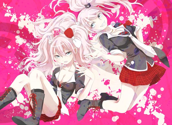 Anime picture 1700x1240 with dangan ronpa enoshima junko pimgier long hair blue eyes smile twintails multiple girls pink hair nail polish dual persona girl skirt bow 2 girls hair bow miniskirt necktie boots red skirt