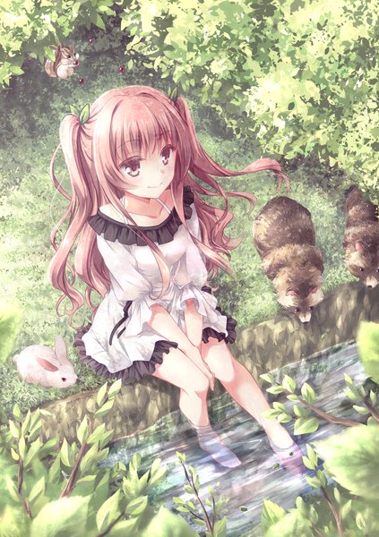 Anime picture 1000x1419 with original kousetsu single long hair tall image blush smile sitting brown eyes looking away pink hair barefoot two side up stream girl dress plant (plants) animal tree (trees) water