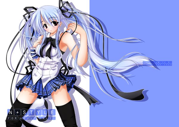 Anime picture 1600x1139 with yu-ri (noteism) single long hair looking at viewer red eyes twintails bare shoulders blue hair inscription sleeveless girl thighhighs skirt bow ribbon (ribbons) black thighhighs hair ribbon miniskirt