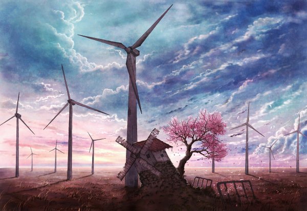 Anime picture 2543x1750 with original cola (pixiv) highres sky cloud (clouds) wind cherry blossoms no people landscape ruins field plant (plants) petals tree (trees) building (buildings) house windmill wind turbine