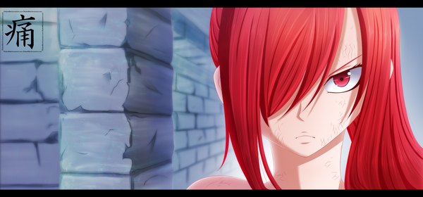 Anime picture 2500x1168 with fairy tail erza scarlet dhako889 single long hair fringe highres red eyes wide image red hair hair over one eye coloring close-up face girl wall