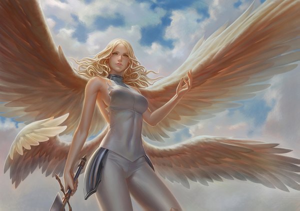 Anime picture 1215x855 with claymore madhouse teresa gooloo0-o single long hair looking at viewer breasts blonde hair yellow eyes sky cloud (clouds) sideboob wavy hair multiple wings girl navel weapon sword wings