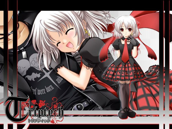 Anime picture 1024x768 with triptych riona (triptych) nayuta (triptych) nimura yuuji blush brown eyes silver hair wallpaper plaid skirt plaid gothic laughing punk girl boy skirt ribbon (ribbons) necktie