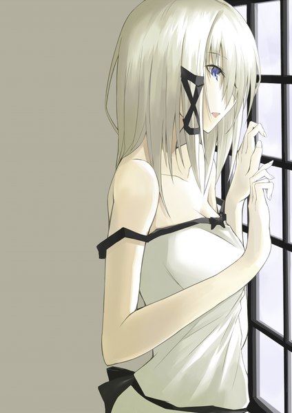 Anime picture 800x1131 with original zinnia silane kauto single tall image blush fringe short hair open mouth blue eyes bare shoulders looking away cleavage silver hair profile hair over one eye pale skin girl hair ornament ribbon (ribbons)