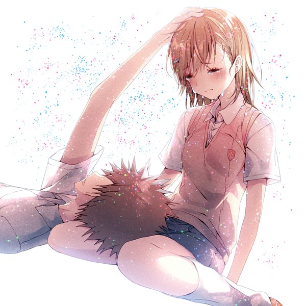 Anime picture 800x800 with to aru kagaku no railgun to aru majutsu no index j.c. staff misaka mikoto kamijou touma dsmile blush short hair brown hair tears hand on head crying lap pillow girl boy skirt uniform hair ornament school uniform miniskirt